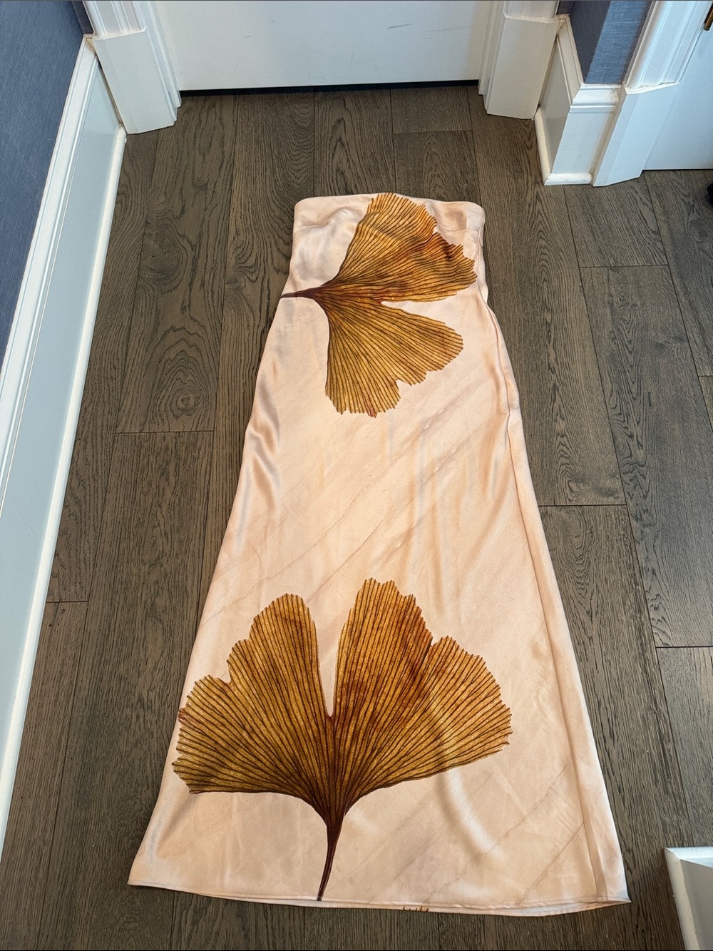Anthropologie Peach Maxi Dress with Gold Leaf Print